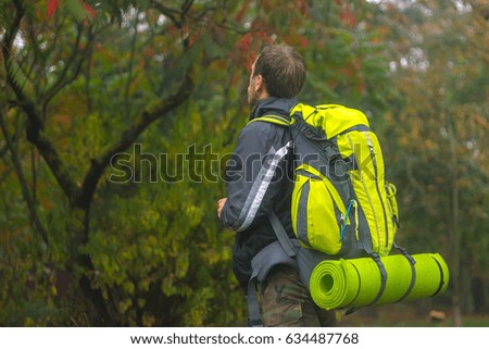 Hitchhiking young traveller looking at tree forest