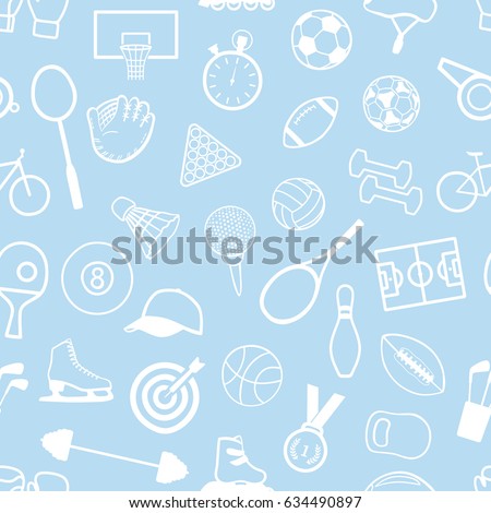 Seamless pattern: white sports equipment on a blue background