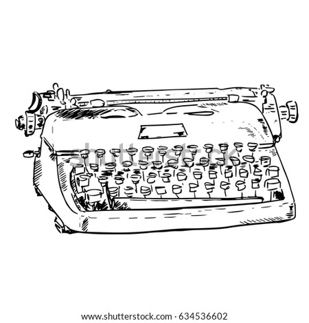 Old mechanical typewriter in vintage style. Hand drawn sketch isolated on white background. Writer tools. Nice for posters, retro prints, design, covers, notebooks, advertising, banners, cards, shops.
