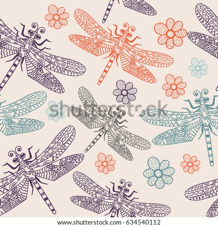 Blue seamless pattern dragonflies for kids room, design, posters, wallpapers, fabric, textile, wrapping paper, curtains. Cartoon insects character Eps10