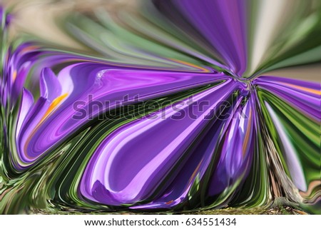 Distorted  picture of purple crocuses in flowerbed. Bright abstract floral background. Swirled colors