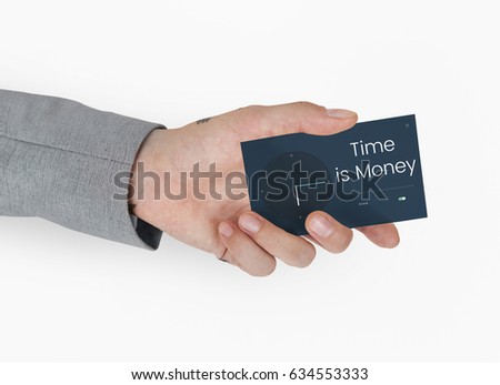 Hand holding business card with time and clock icon
