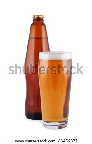 Beer, bottle, glass, isolated on white.