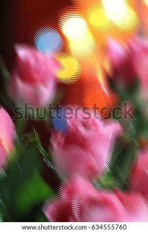 Distorted wavy picture of pink roses bunch agains tbright lights background. Blurred abstract background.
