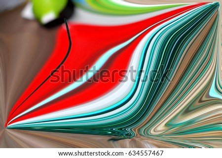 Distorted wavy  picture. Bright abstract malachite green and red background.  Mixed paint colors.