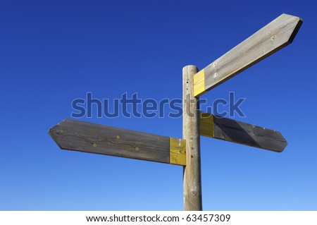 view of three wooden directional signs on a pole