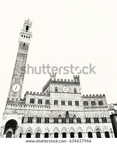 Palazzo Pubblico - town hall is the palace in Siena, Tuscany, central Italy. Travel destination. Black and white photo.