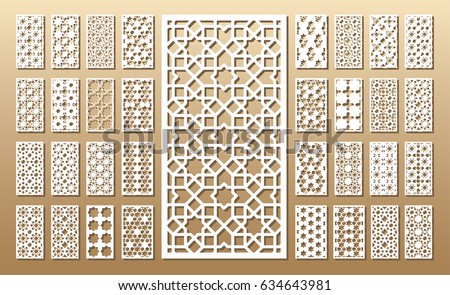 33 vector panels. Cutout silhouette with arabic (girih geometric)  pattern. A picture suitable for printing invitations, laser cutting (engraving) stencil, wood and metal decorations. Royalty-Free Stock Photo #634643981