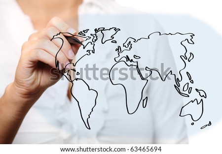 A picture of a young woman drawing a world map over white background