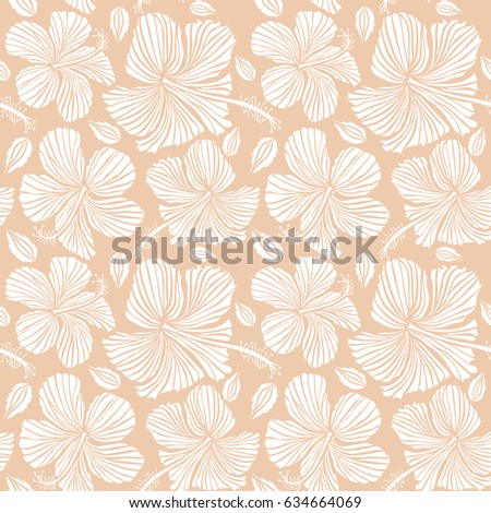 Floral seamless pattern. Various hibiscus hawaiian tropical flowers in white color on a beige background.