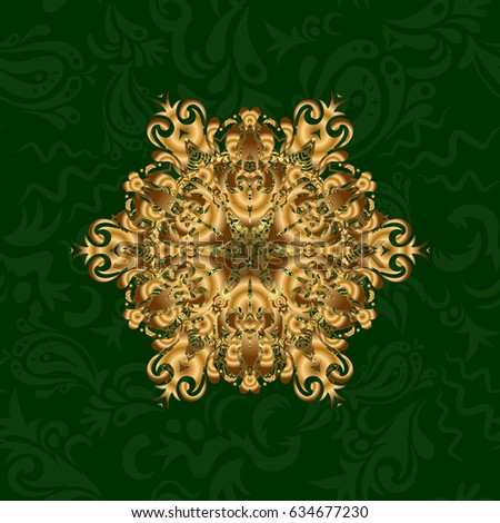 Vector illustration. Golden mandala on green background. Mandala style. Rich ethnic striped seamless pattern geometric design.