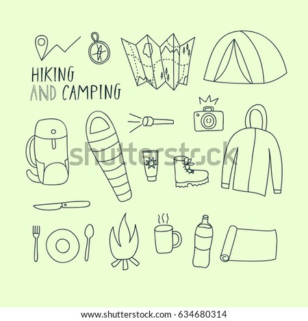 Hand drawn doodle set of hiking and camping stuff. Traveling objects