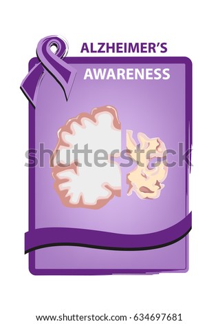 Alzheimer's Disease Awareness poster design with violet ribbon and comparison between a healthy and impaired brain lobes. Editable Clip Art.
