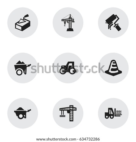 Set Of 9 Editable Construction Icons. Includes Symbols Such As Spatula, Lifting Equipment, Caterpillar And More. Can Be Used For Web, Mobile, UI And Infographic Design.