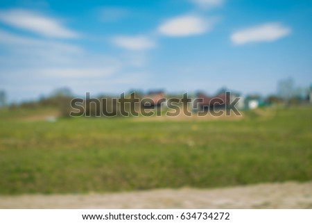 Background blur texture landscape field, blue sky, road, home, people and auto, background for design