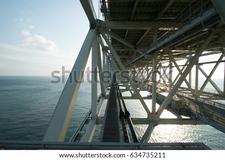 Structure of Akashi Kaikyo Bridge in Kobe, Japan, viewed from the pedestrian walkway