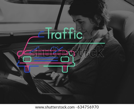 Businesswoman Using Laptop in the Car and Graphic Icon