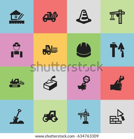 Set Of 16 Editable Construction Icons. Includes Symbols Such As Construction Tools, Notice Object, Caterpillar And More. Can Be Used For Web, Mobile, UI And Infographic Design.