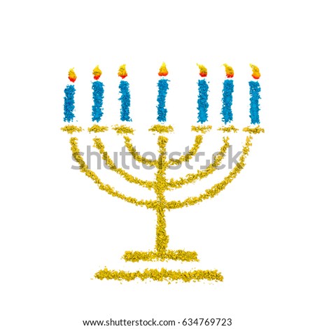 Jewish Hanukkah Menorah symbol made with color powder, isolated on a white background