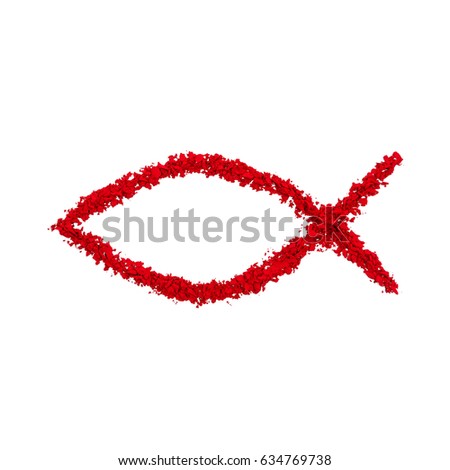 Ichthys or Fish Symbol of the christian faith made with red color powder, isolated on a white background