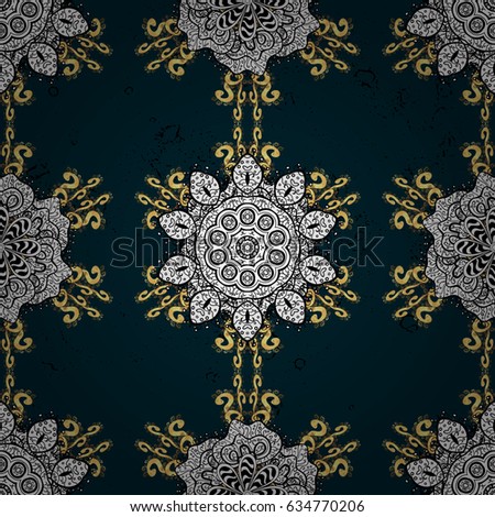 Damask seamless pattern for design. Seamless pattern on blue background with golden elements and with white doodles.