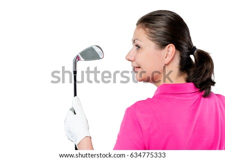 Portrait of a golfer with club and the space to the left on a white background