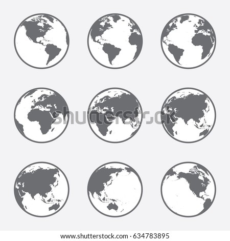 Grey and White, flat vector world globe set with outline. Grey land mass and white water.