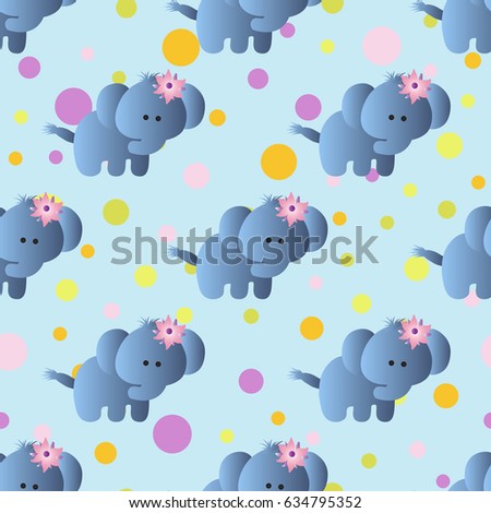 seamless pattern with cartoon cute toy baby elephant and Circles on a light blue background