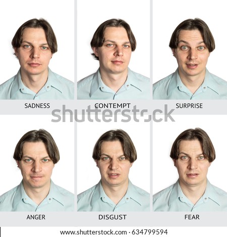 A chart of six basic human microexpressions. A Caucasian male showing sadness, contempt, surprise, anger, disgust, fear