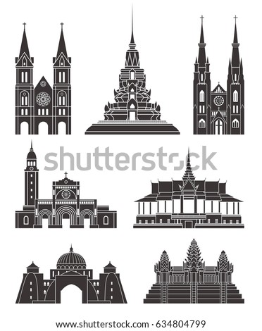 Southeast Asia. Architecture. Isolated Asian buildings on white background