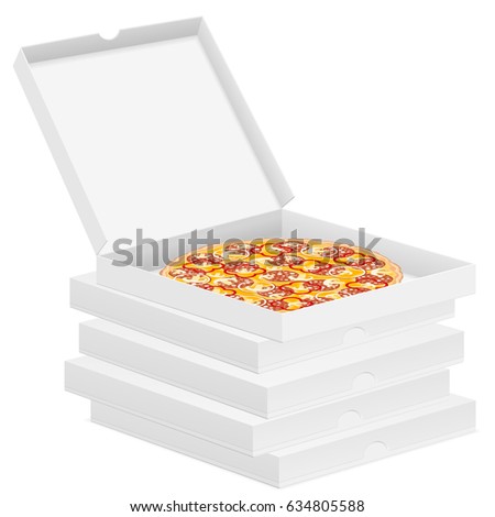 Delicious pizza in box isolated on white background.