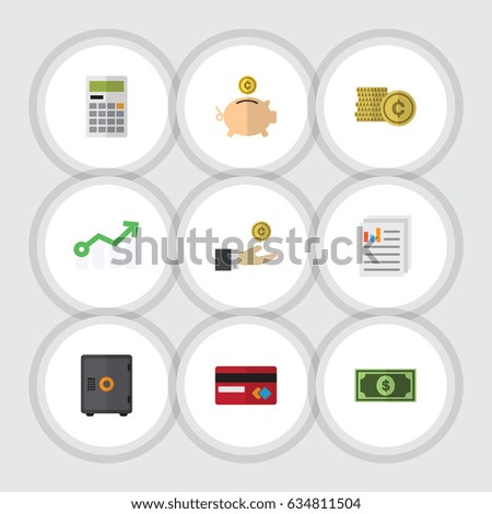 Flat Gain Set Of Strongbox, Payment, Document And Other Vector Objects. Also Includes Greenback, File, Coin Elements.