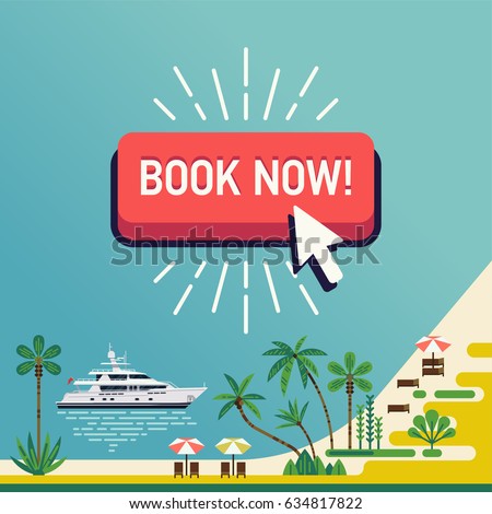 Cool vector banner template on travel and tropical beach resort summer trip with sea chore, palm trees, yacht and flat design 'Book Now' button. Ideal for web ads and banners