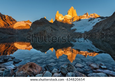 The reflection of the Monte Fitz Roy (Cerro Chalte) - the peak located in Patagonia in the border area between Argentina and Chile, the view from the trail in the National Park of Los Glaciares