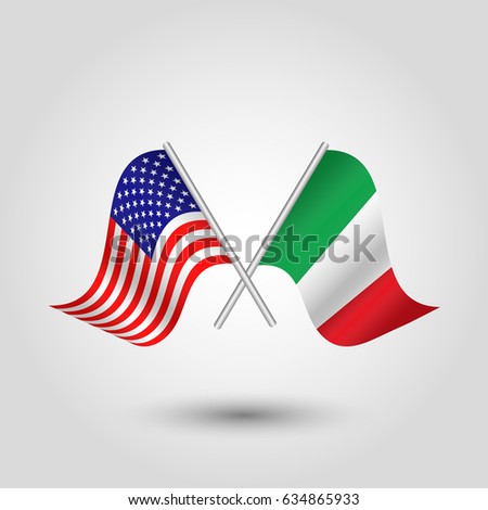 vector two crossed american and italian flags on silver sticks - symbol of united states of america and italy