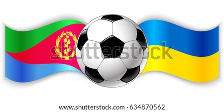 Eritrean and Ukrainian wavy flags with football ball. Eritrea combined with Ukraine isolated on white. Football match or international sport competition concept.
