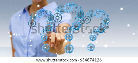 Businesswoman on blurred background touching question marks gear 3D rendering