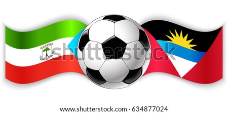 Equatorial Guinean and Antiguan wavy flags with football ball. Equatorial Guinea combined with Antigua and Barbuda isolated on white. Football match or international sport competition concept.