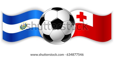 Salvadoran and Tongan wavy flags with football ball. El Salvador combined with Tonga isolated on white. Football match or international sport competition concept.