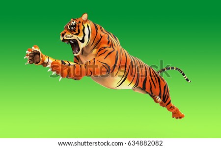 Dangerous Bengal Tiger roaring and jumping isolated on green background, 3d digital rendered model, 3d illustration