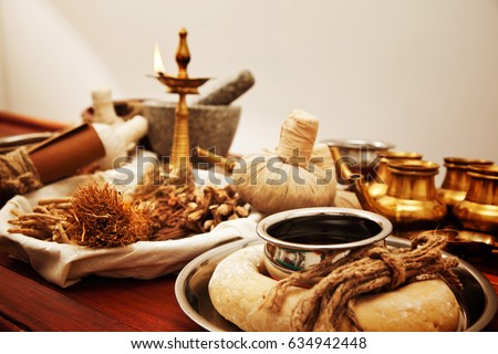 Ayurveda herbal and oil treatment equipment Royalty-Free Stock Photo #634942448