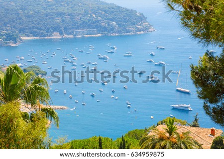 Beautiful Top View of bay Cote d'Azur. Luxury resort Villefranche-sur-Mer on French Riviera at Mediterranean Sea. Amazing Landscape. Europe. France.