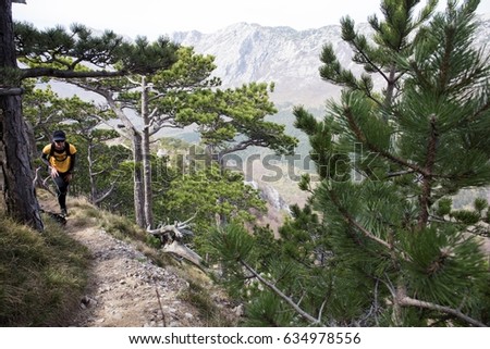 A woman hiker jumping around a pine by touching it. National park, the part of the largest mountain range in Croatia.