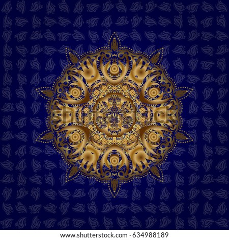 For invitation card, scrapbook, banner, postcard, tattoo, yoga, boho, magic, carpet, tile or lace. Decorative vector ornate gold mandala icon isolated for card, golden Mandala on a blue background.