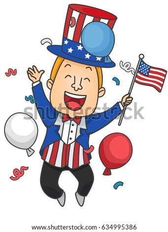 Illustration of a Man Wearing Uncle Sam Costume Jumping while Holding an American Flag