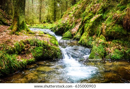 Waterfall river stream in green nature forest landscape Royalty-Free Stock Photo #635000903