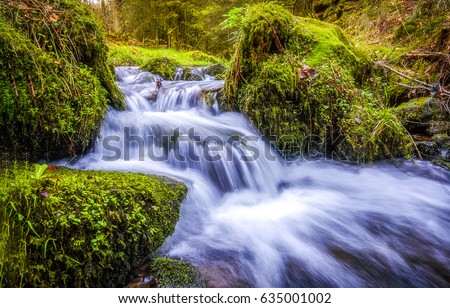 Forest waterfall nature landscape. Waterfall green moss river stream