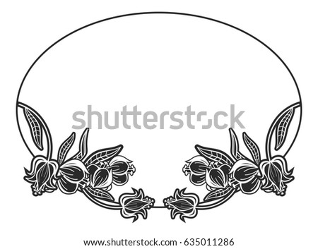 Black and white round label with flowers. Copy space. Raster clip art.