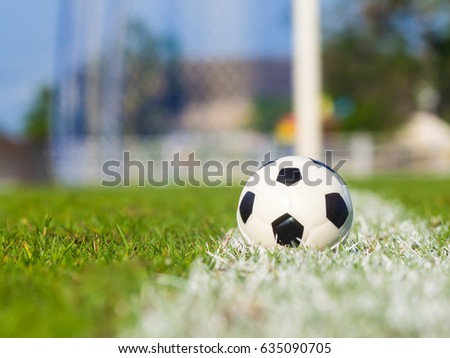 Soccer ball in green field on the line of goal gate