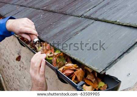Working Hands Workman Clearing Autumn Leaves from Gutter Royalty-Free Stock Photo #63509905